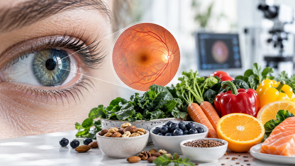 Blaues Auge im Profil, daneben eine vergrößerte Aufnahme der Netzhaut mit Sehnervenkopf, davor Grünkohl, Paprika, Karotten, Orange, Blaubeeren, Nüsse, Leinsamen und Lachs