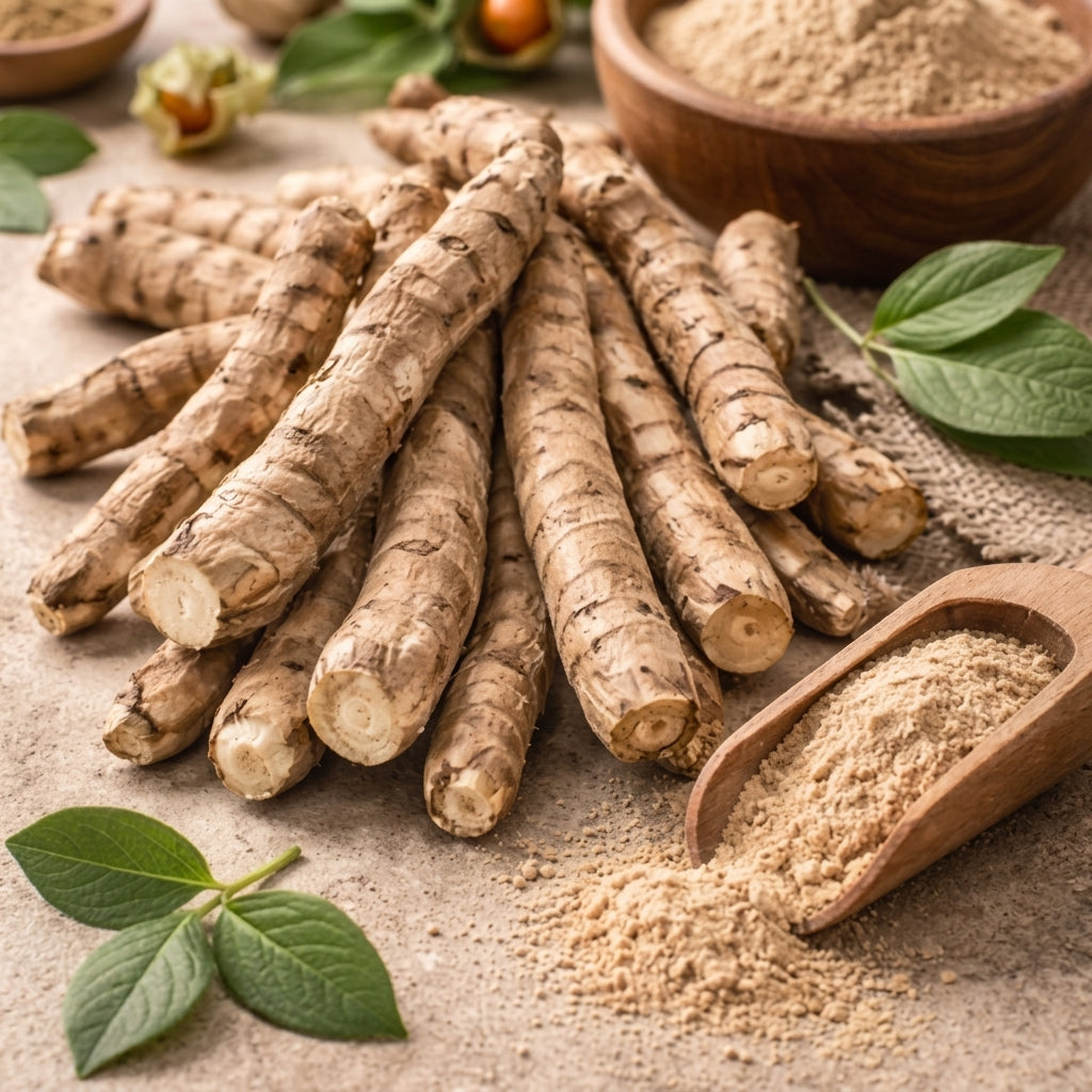 Mehrere längliche Ashwagandha-Wurzeln liegen auf einer Oberfläche.